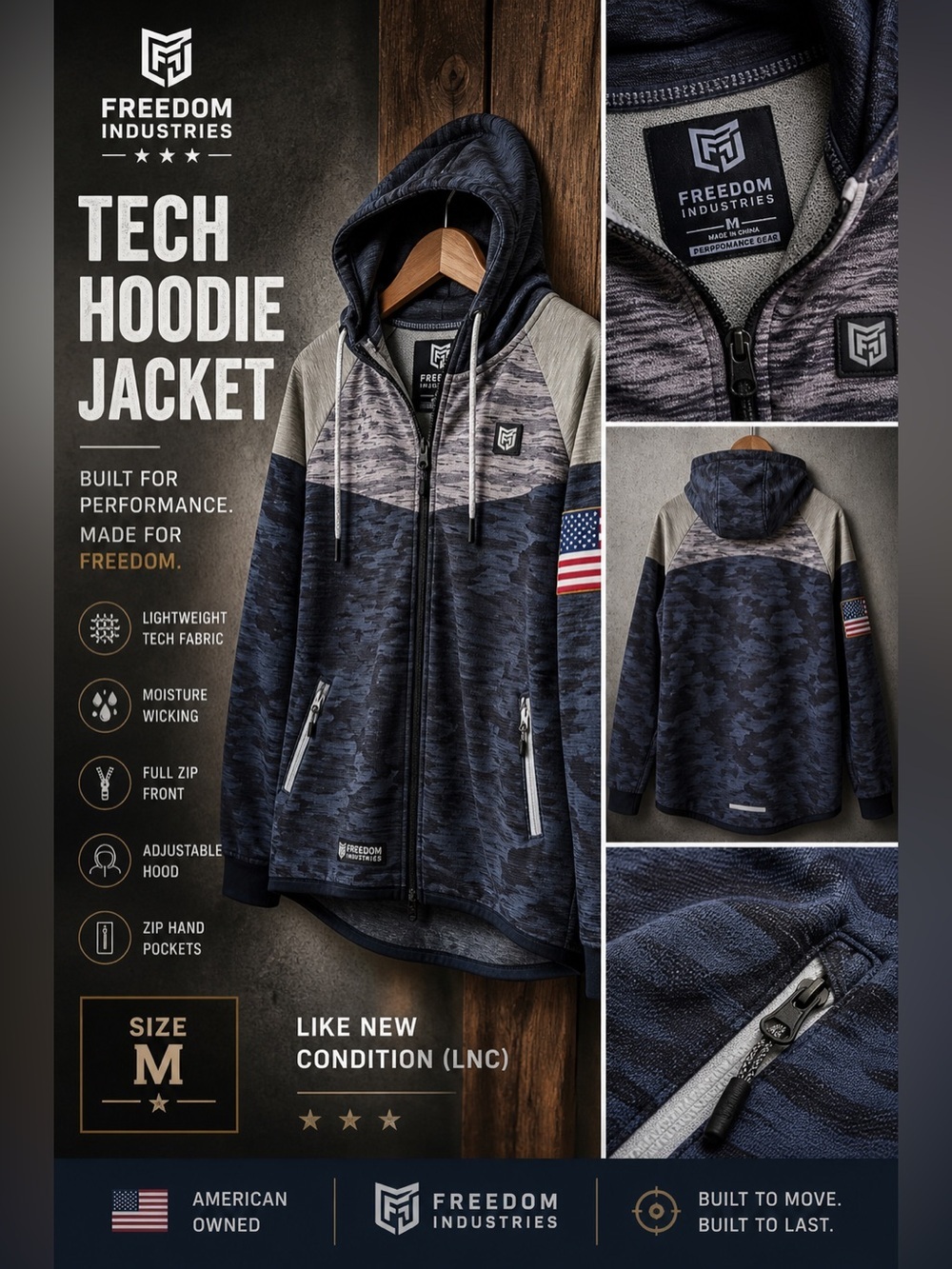 Freedom Industries Camo Tech Zip Hoodie Jacket Navy Gray Size M
